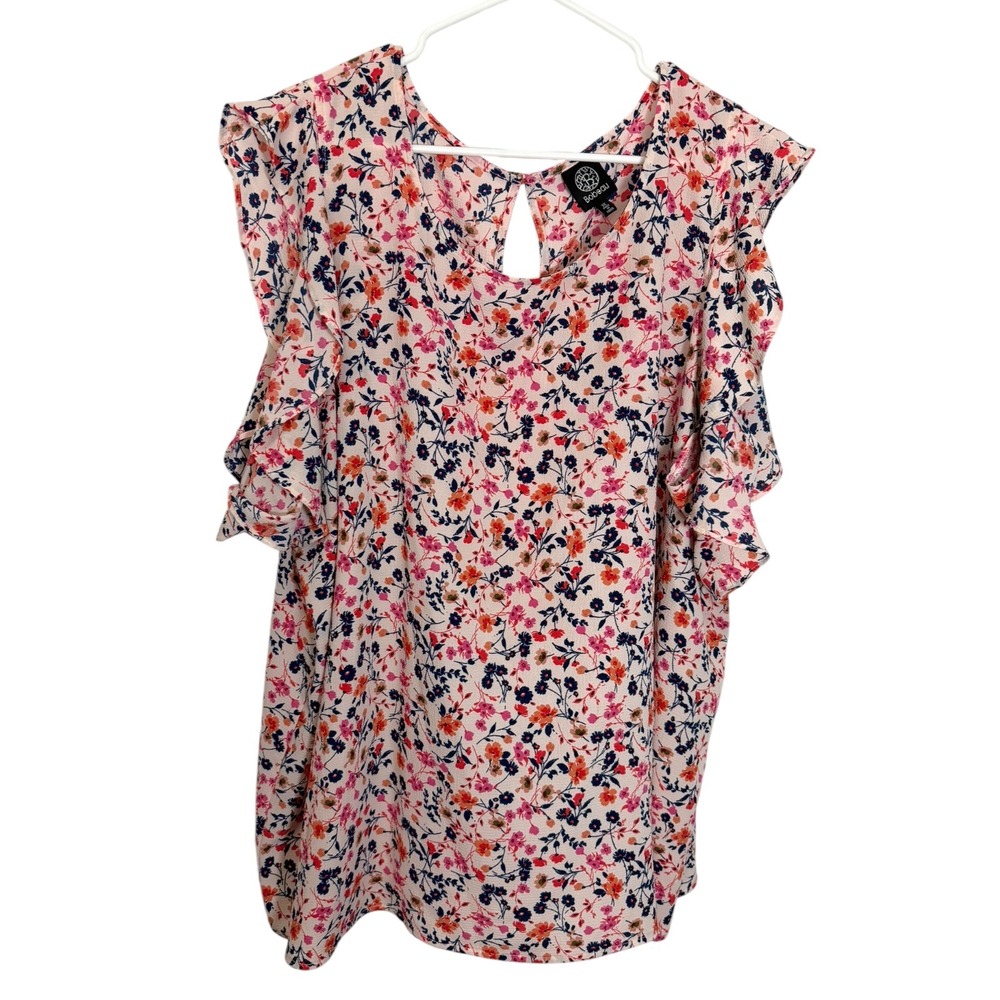 Bobeau 3X Pink Floral Cold Shoulder Ruffle Blouse Keyhole Back Cottagecore Boho